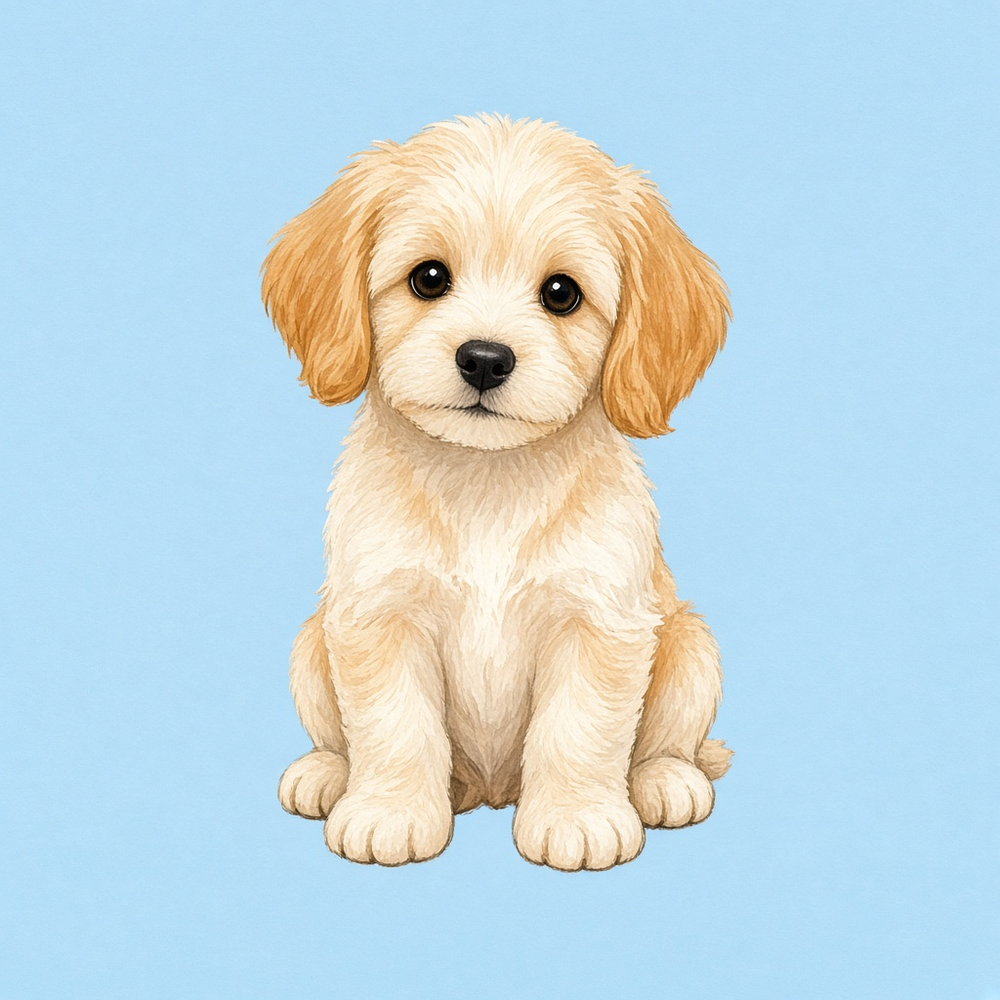 A drawn cream puppy with floppy ears, sitting on a pale blue background.